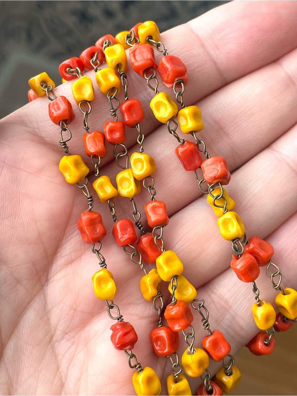 Vintage Czech-style orange & burnt gold beaded flapper necklace autumn